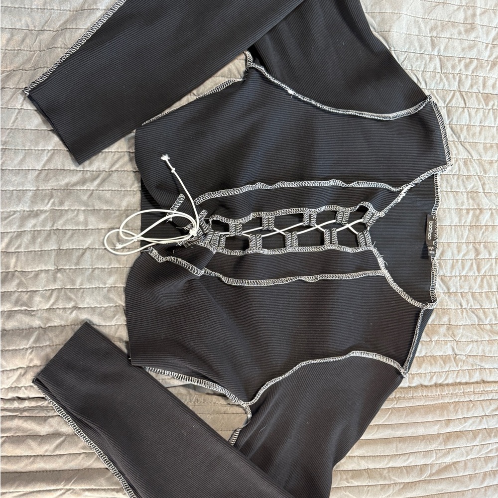 Boohoo Black Top with White Stitch Detail